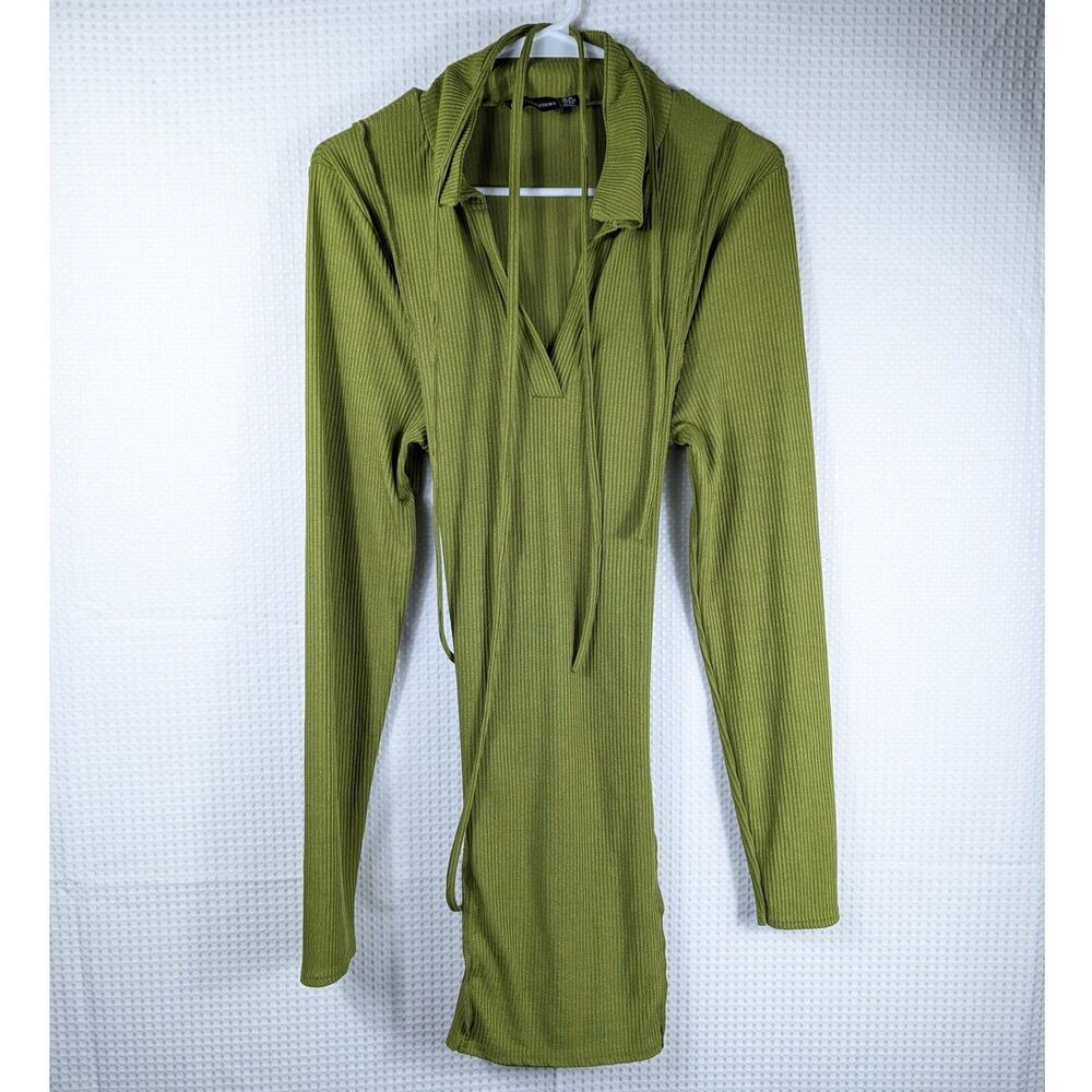 Pretty Little Thing Green Ribbed Collared Tie Front Long Sleeve Top UK16 US12